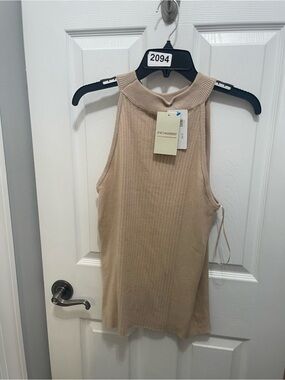 eesome Sleeveless Ribbed Cowl-Neck Tank in Beige